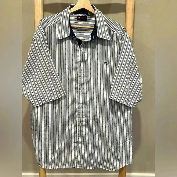 Mecca USA Vintage Short Sleeve Button Shirt - Mens XL blue stripe embroidery - Picture 1 of 9